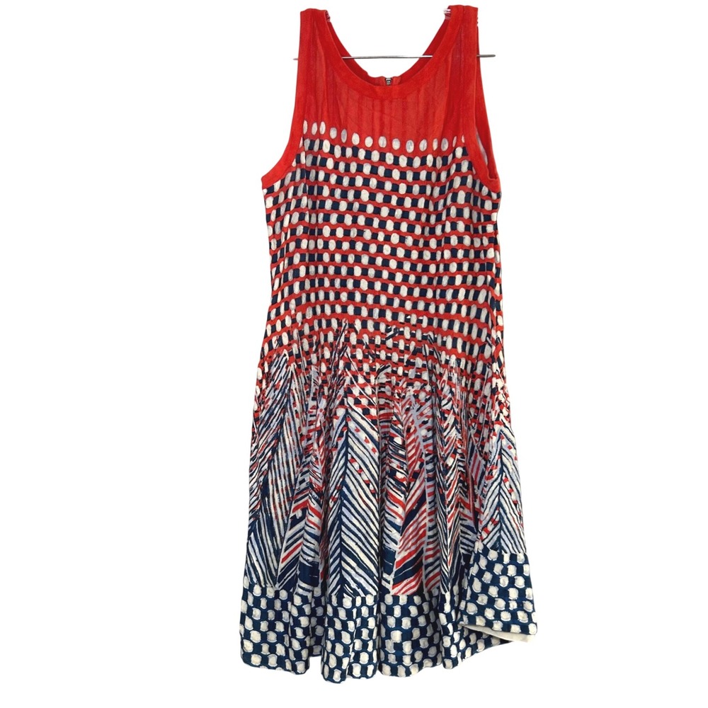 Nic+Zoe Womens XL Red Navy Blue White Geometric Mixed Print Dress artsy bold